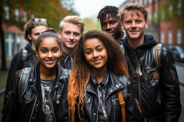 Friends student in leather jackets taking picture together on the autumn street