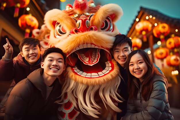 Friends taking selfie for Chinese Dragon New Year AI Generated