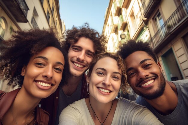 Friends taking selfie in the city lifestyle generative ai Concept of friends
