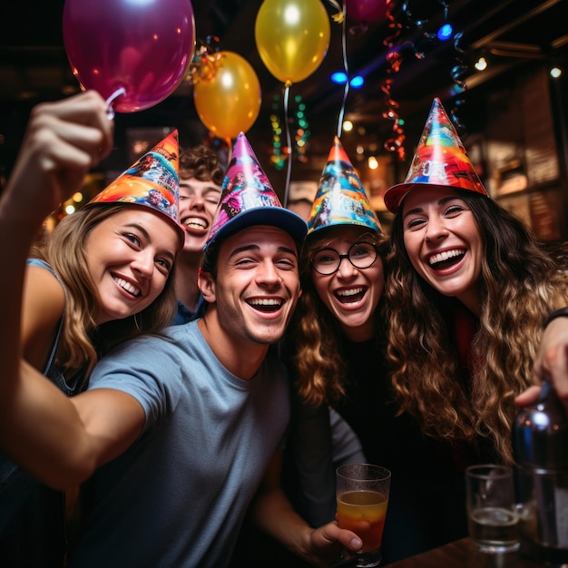 Photo friends taking a selfie with party hats