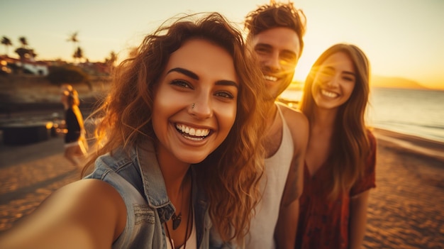 friends taking selfies at the beach on summer holidays