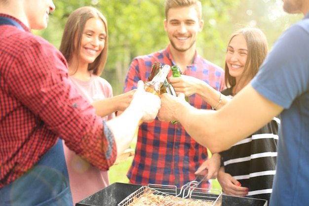 Friends toasting beer at barbecue in nature.