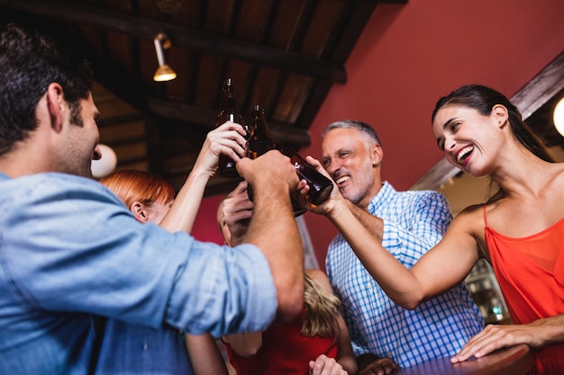 Friends toasting beer bottle in nightclub