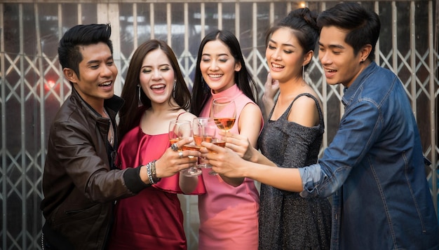 Photo friends toasting drinks during party