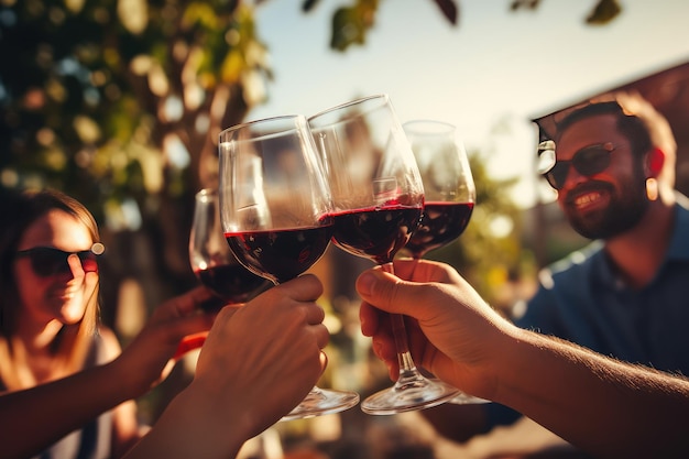 Friends toasting red wine glass and having fun cheering