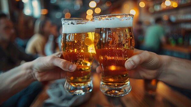 Friends Toasting With Beer Glasses at a Cozy Bar