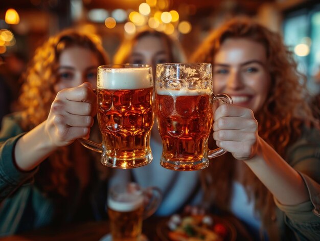 パブでビールを飲みながら乾杯する友人たち