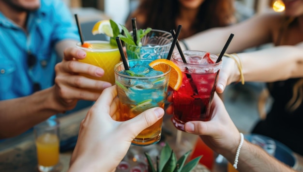 Photo friends toasting with colorful cocktails