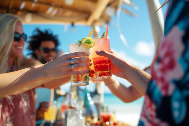 Friends toasting with drinks at a sunny seaside shack