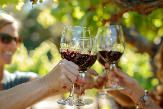 Friends toasting with glasses of red wine during outdoor party in summer Generative AI