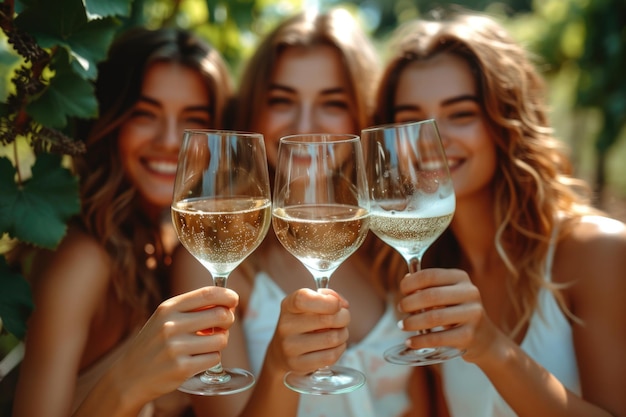 Friends toasting with white wine in a vineyard