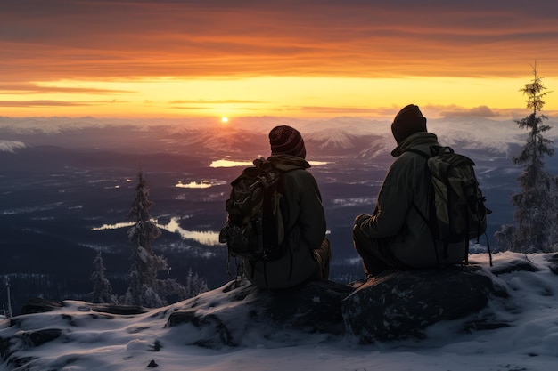 friends on top of the rocks admiring the sunset generative ai