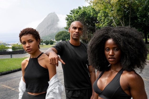 Friends training  together outdoors