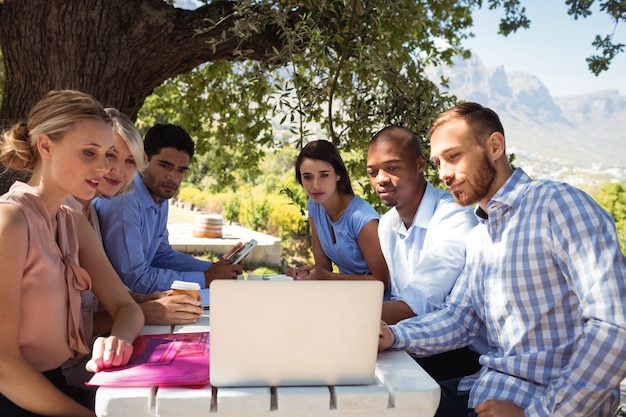 Friends using laptop in restaurant