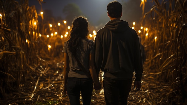 Photo friends walking in cornfield at night
