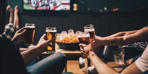 写真 ビールを飲みながらテレビでサッカーの試合を見ている友達