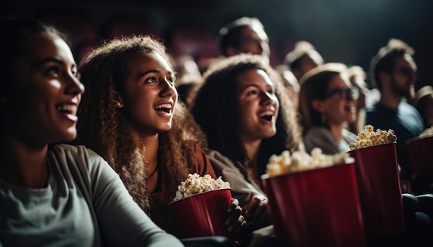 Photo friends watching movie in cinema and laughing