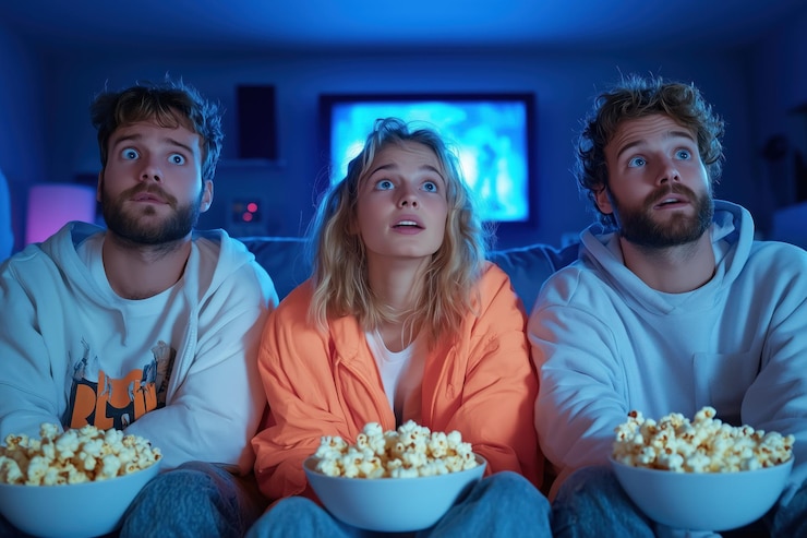 Photo friends watching a suspenseful movie at home with popcorn expressions of shock