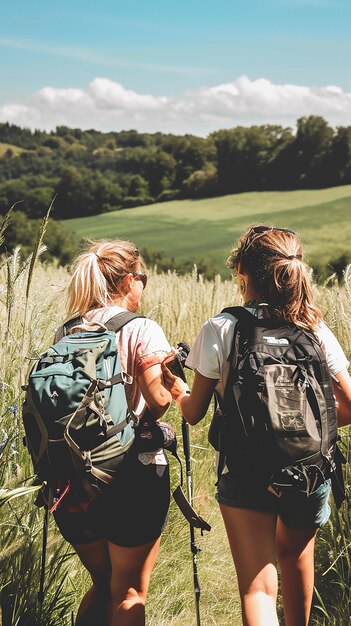 Photo friends with backpacks on vacation hiking