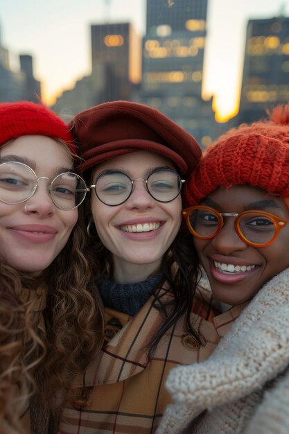 Friends with beaming smiles taking a selfie on a rooftop terrace enjoying a cityscape backdrop