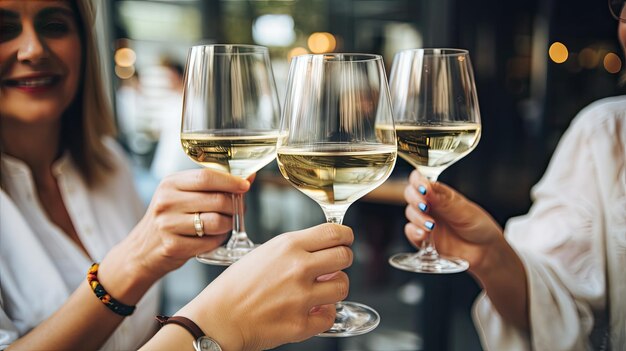 Photo friends with glasses of white wine celebrating a birthday or other important event