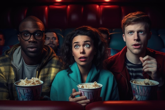 Photo friends with popcorn in their hands are carefully watching a movie at the cinema