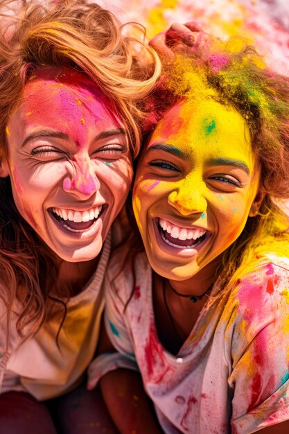 Foto amici con i loro volti giocosamente coperti di colori holi