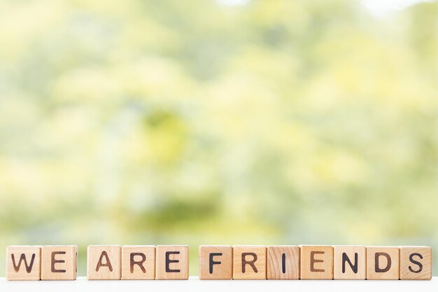 Friends word is written on wooden cubes on a green summer background Closeup of wooden elements