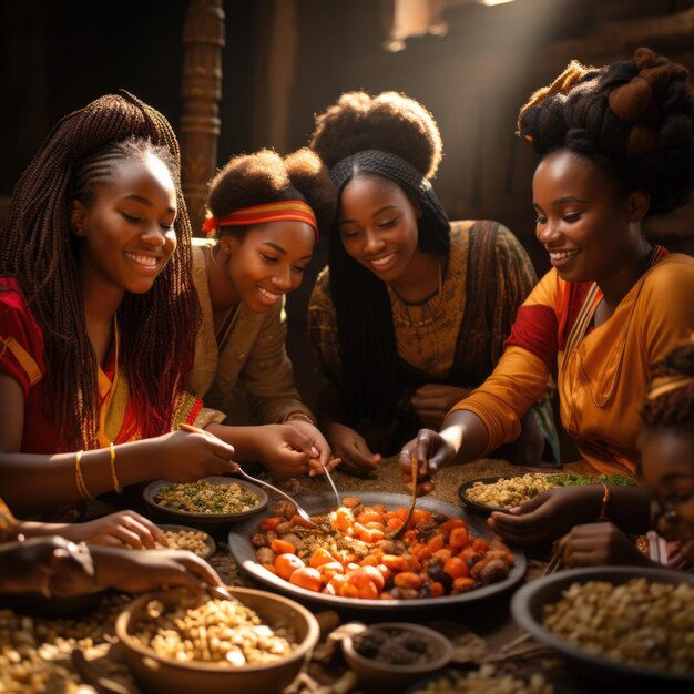 Photo friendship banquet smiling african women sharing meal generative ai