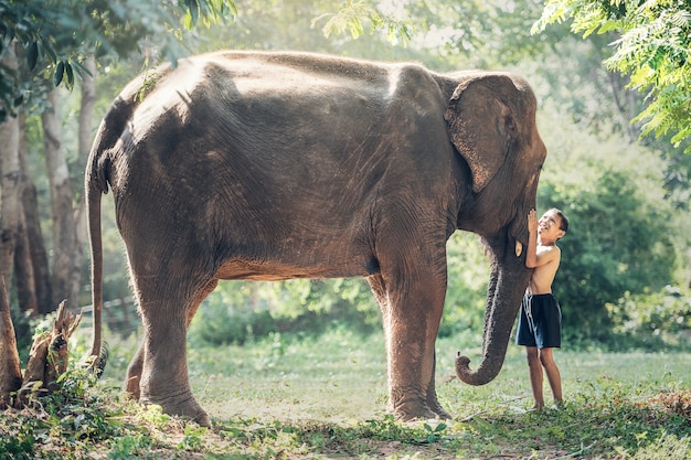 Friendship between children with elephant at countryside of Thailand