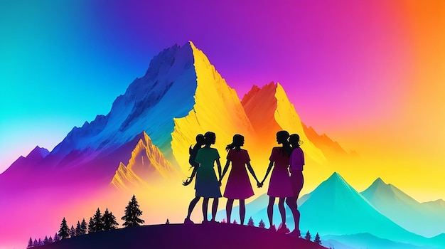 Friendship day background with people silhouette and a colorful mountain in background