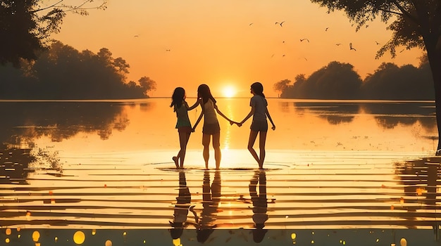 Friendship day background with people silhouette and a pond in front