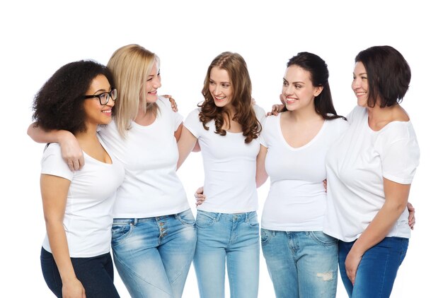 friendship, diverse, body positive and people concept - group of happy different size women in white t-shirts hugging