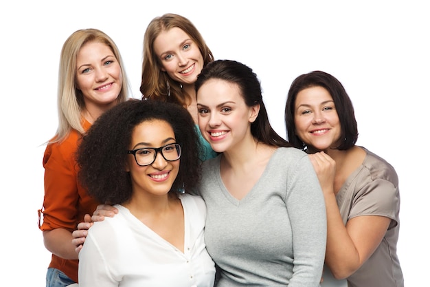 friendship, fashion, body positive, diverse and people concept - group of happy different women in casual clothes