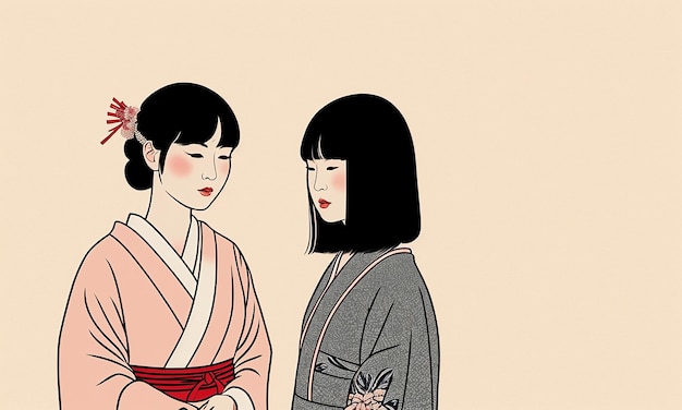 The Friendship and Harmony of Two Japanese People in Traditional Clothing