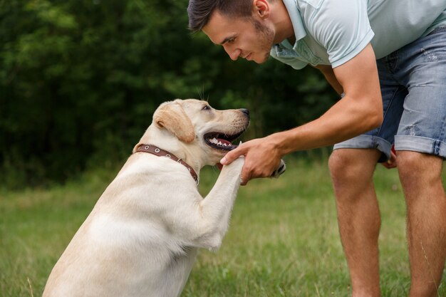 Friendship of man and dog. Happy young man holding a paw of a dog Labrador