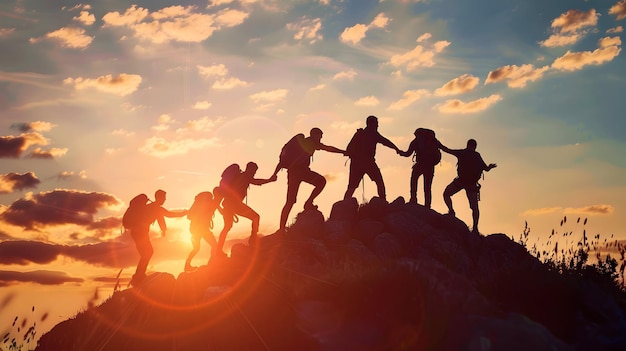friendship silhouette group of friends on mountain against the sunset
