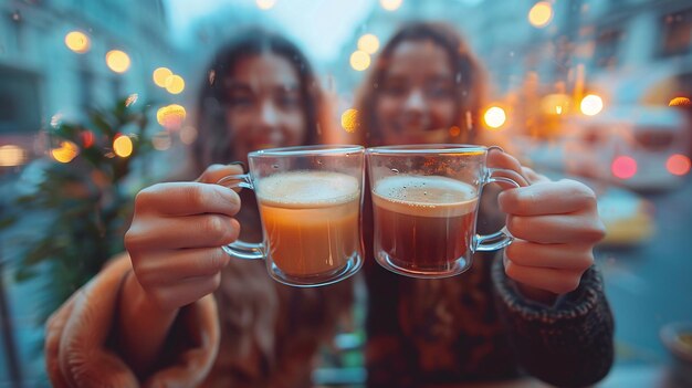 Photo friendship time friends gathering for coffee in front of cafe window by the street