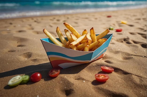 Fries aan het strand in een papieren boot