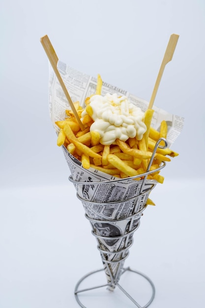 fries cone with mayonnaise ready to go