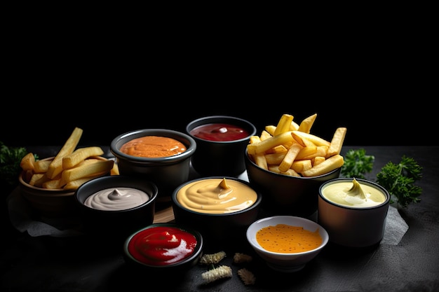 Fries dips and sauces on black background created with generative ai