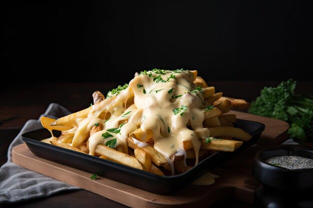 Fries drizzled with warm and creamy cheese sauce created with generative ai