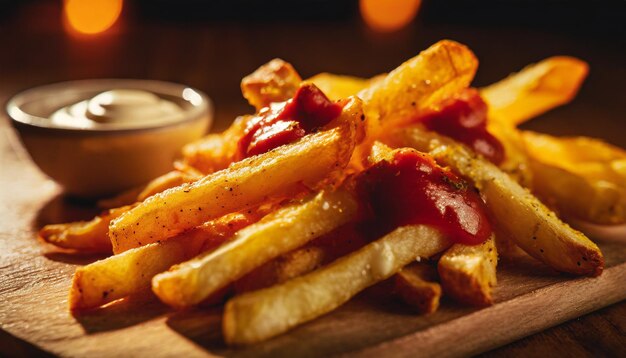 Photo fries dusted with salt and pepper served with a side of ketchup and mayonnaise close up