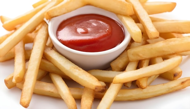 Foto fries met ketchup close-up over wit