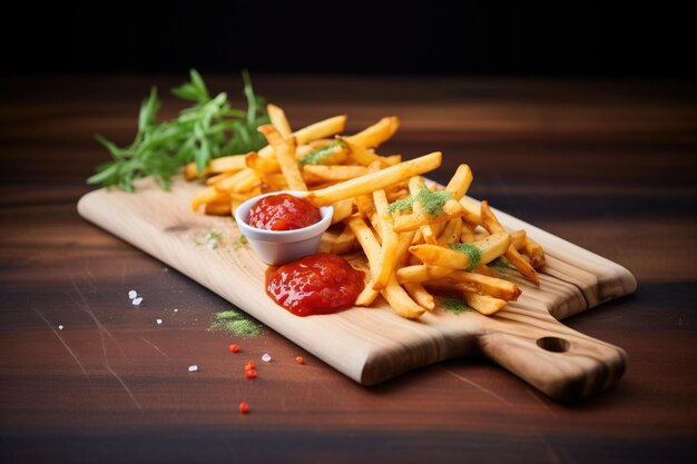 Fries met ketchup op een houten plank