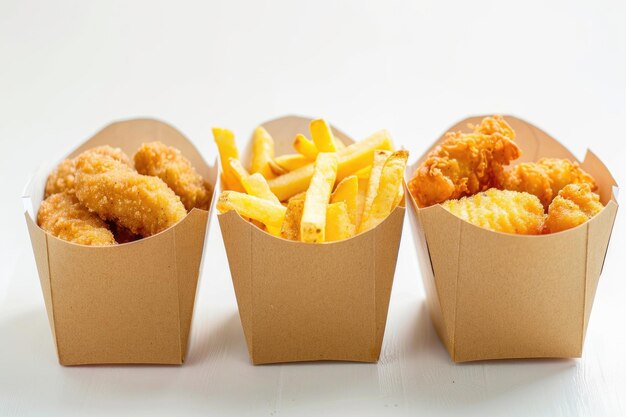 Foto patatine fritte e nuggets in scatole di carta su sfondo bianco