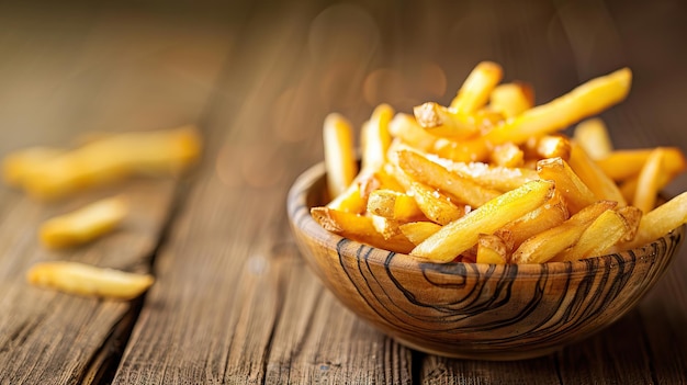 Fries op een houten tafel.