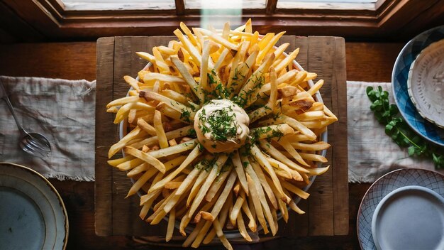 Fries op een houten tafel.