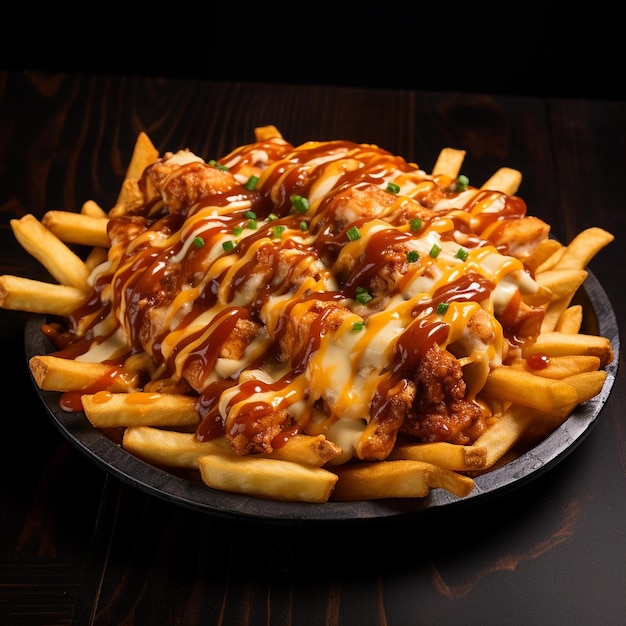 Foto patatine fritte con salsa e formaggio su un piatto su un tavolo