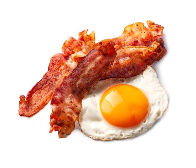 Friesd egg with bacon isolated on white backgrounds. Breakfast.